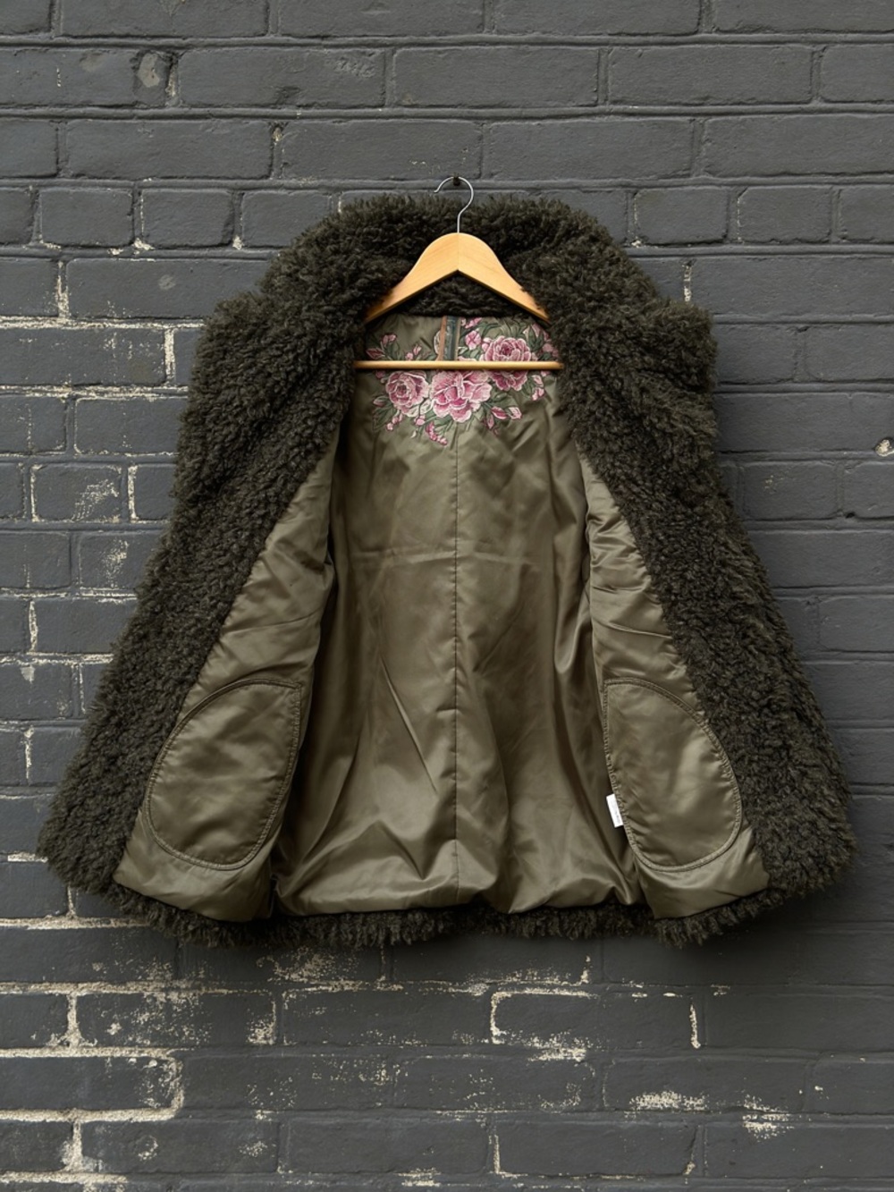 Aratta Olive Green Teddy Jacket with Embroidered Back - Picture 11 of 11
